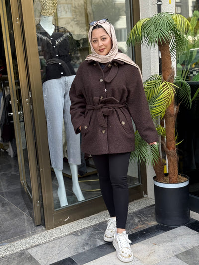 Gold Düğme Detaylı Kahverengi Kaban